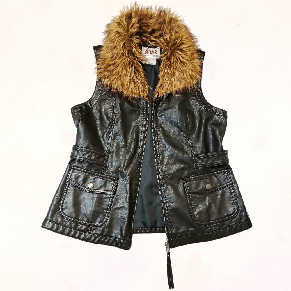 AMX Dark Grey Faux Leather Zippered Vest with Detachable Faux Fur Collar Size M